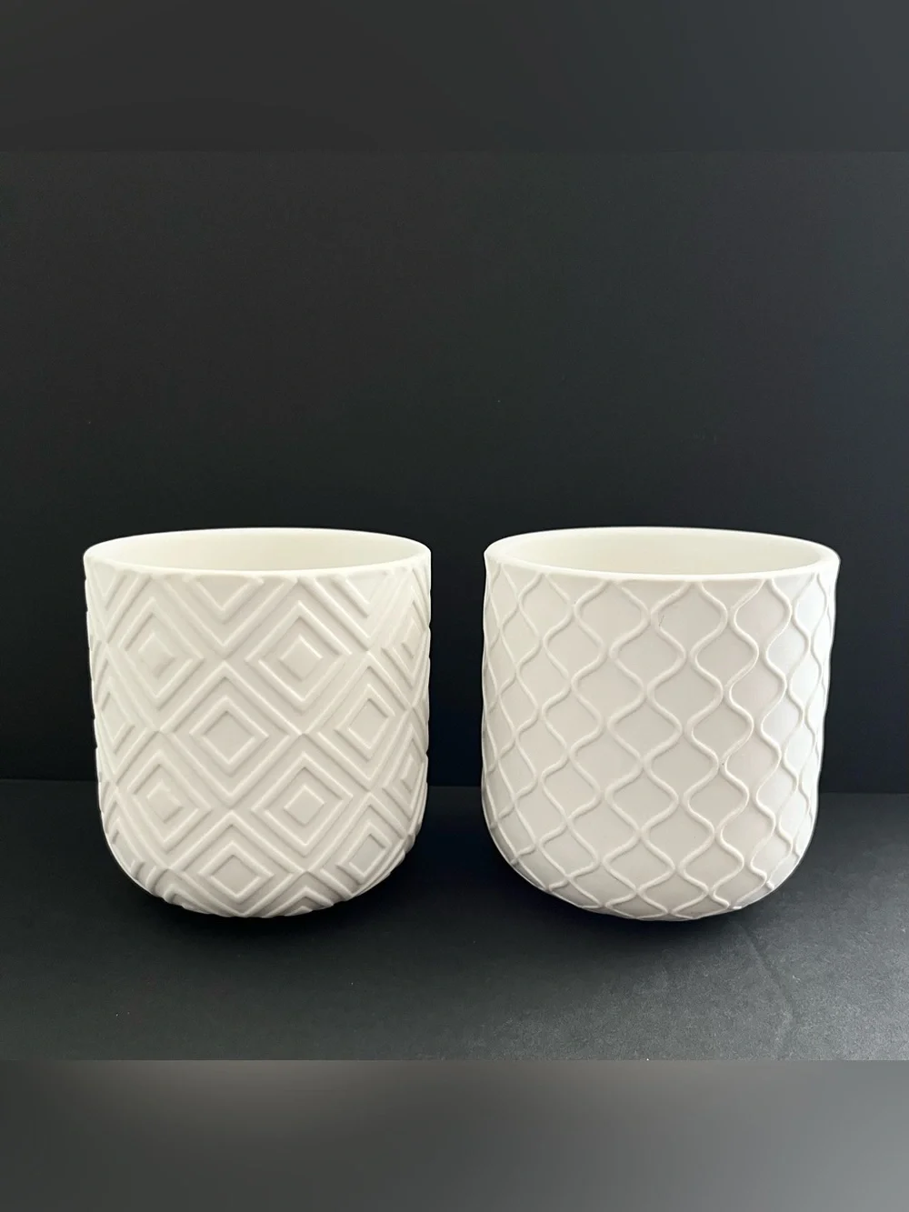 White Geometric Ceramic Candle Holders Planters Jars Matte Minimalist Set of 2